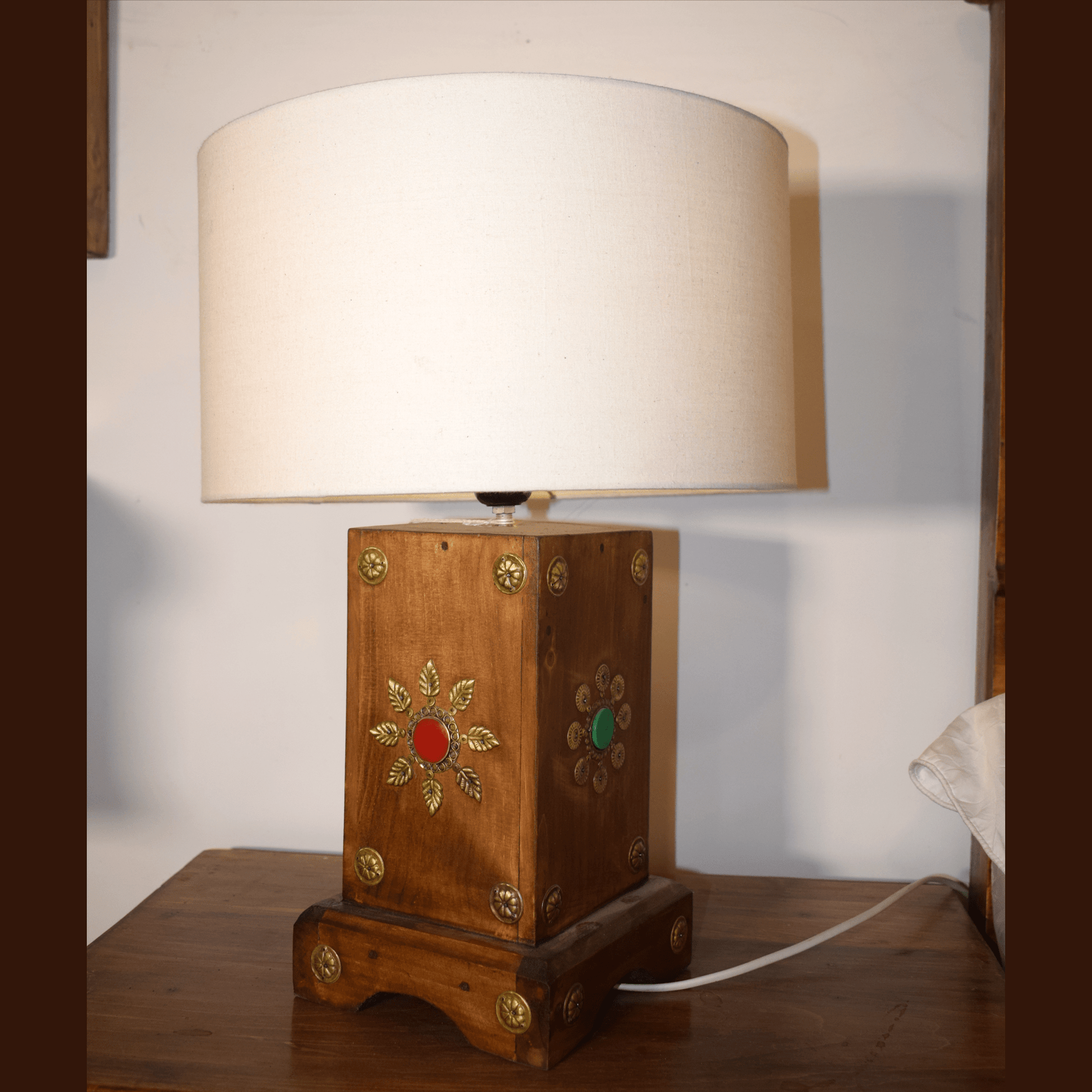 Turk Style Wooden Side Table Lamp Handmade With Stone and Brass Work