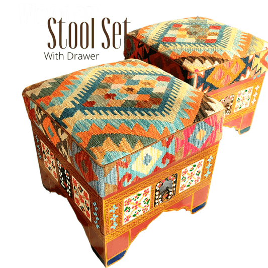 Ottoman Set with kilim fitting With Drawer Handmade Furniture